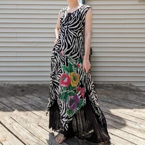 Vintage 90's Zebra Floral Print Flowy Maxi Dress